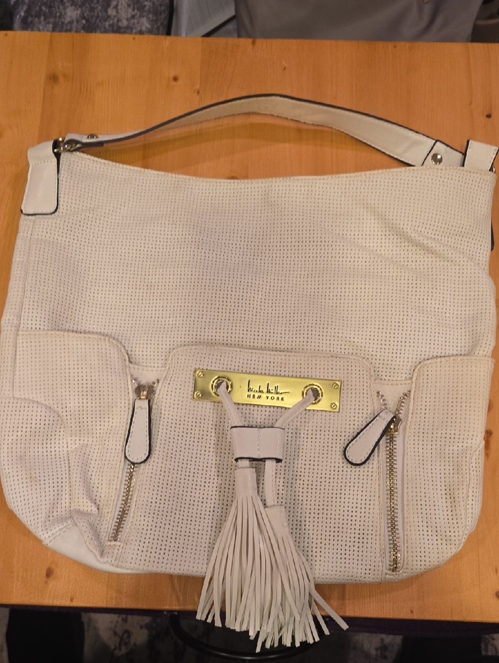 Nicole Miller Cream Perforated Leather Shoulder Tote with Tassel
